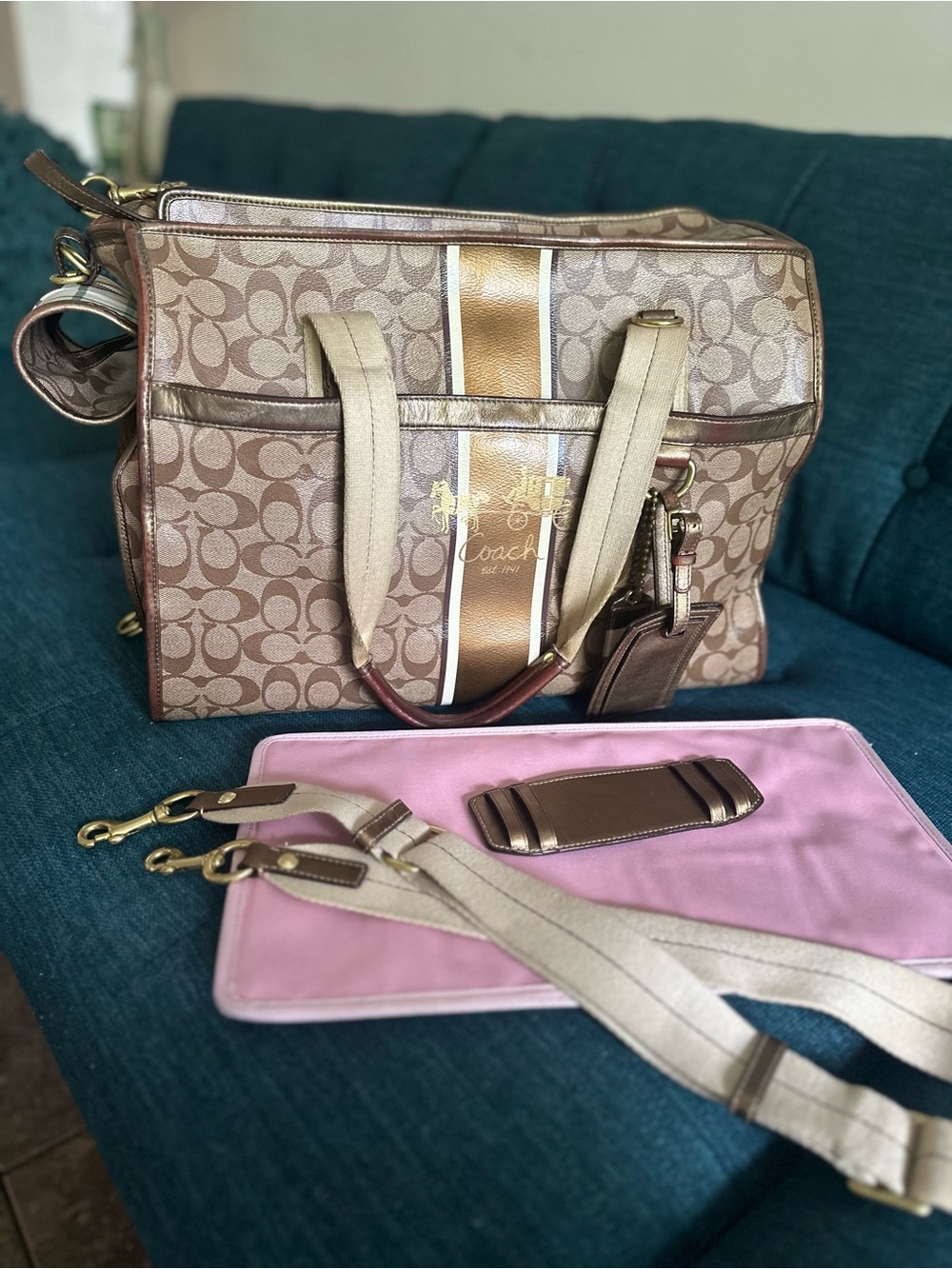 Authentic Coach Signature Pet Dog  Bag in Khaki, Brown & Gold Stripe